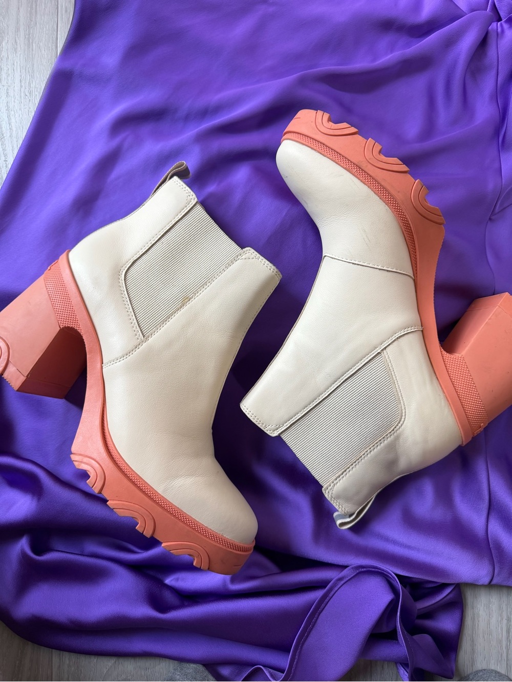 Sorel Cream Chelsea Ankle Boots with Coral-Orange Platform
